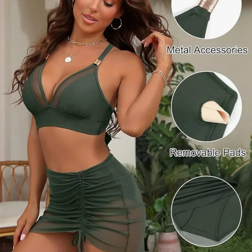 High Wasited Army Green Bikini Set - Picture 2 of 4